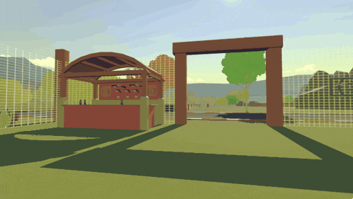a cartoon drawing of a fenced in area with a red building in the middle