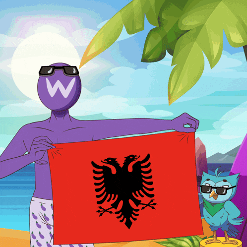 a man with a w on his head holds a red flag
