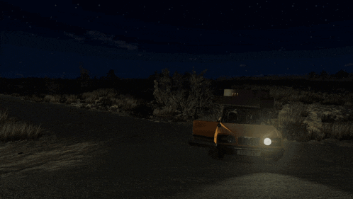 a car with a license plate that starts with the letter w is parked on a dirt road at night