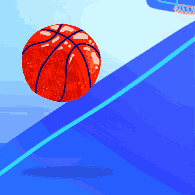 a red basketball is going through a hoop on a blue background