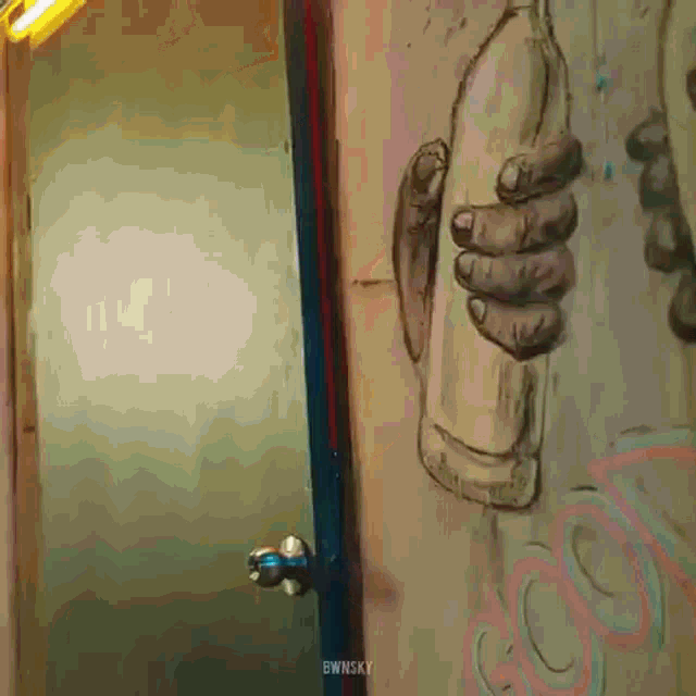 a door with a drawing of a hand holding a bottle and the words bwnsky on the bottom
