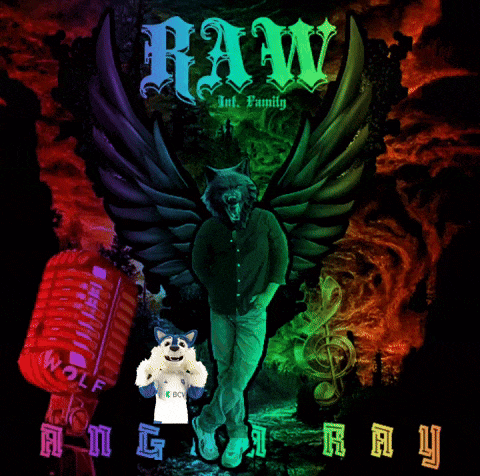 a wolf mascot stands in front of a microphone with the words raw in the background