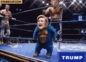 a cartoon of hillary clinton standing in a wrestling ring next to a sign that says trump
