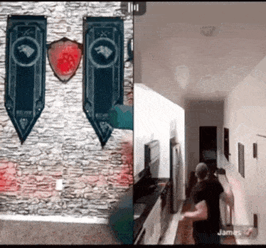 a picture of a stone wall and a picture of a kitchen with the name james on the bottom