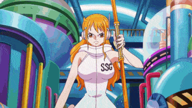 nami from one piece is holding a sword and wearing a sweater that says ssg
