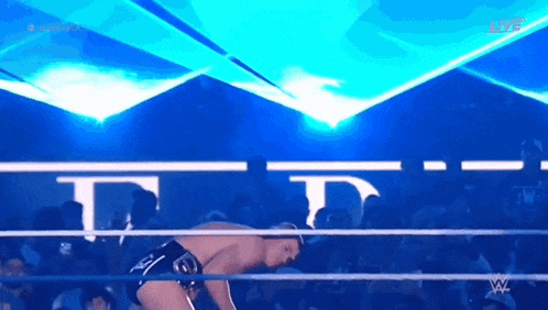 a man is kneeling in a wrestling ring with a crowd watching .