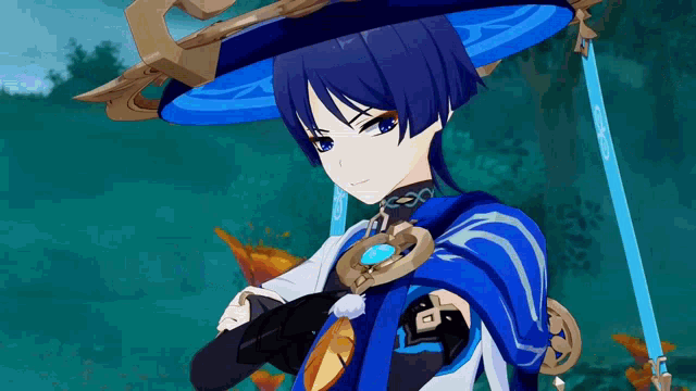 a boy with blue hair and a blue hat is standing in a field .