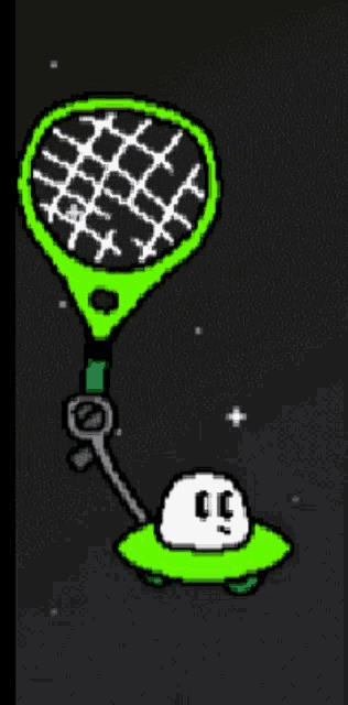 a cartoon drawing of a flying saucer holding a green tennis racket