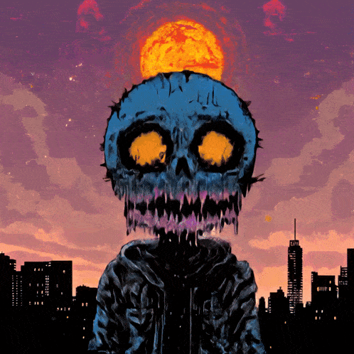 a cartoon drawing of a skull with a sun on top of it