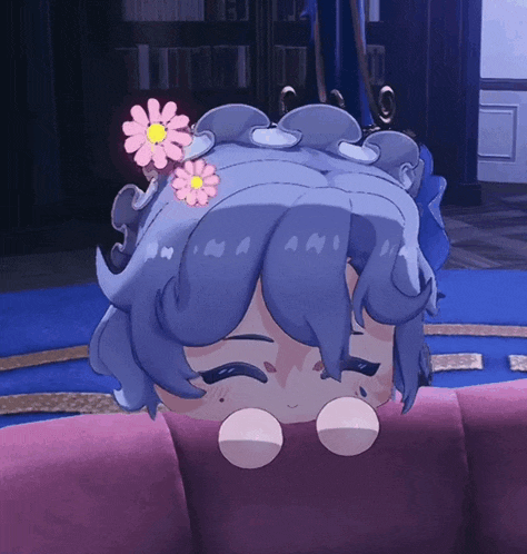 a cartoon character with blue hair and pink flowers on her head