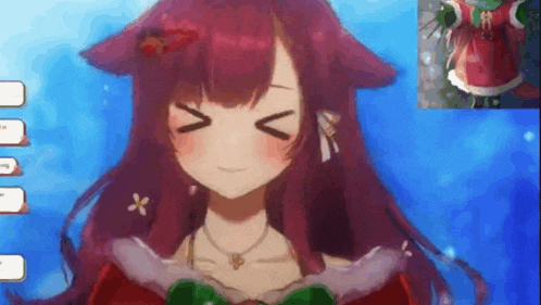 a girl with long red hair is wearing a christmas dress and a necklace .