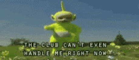 a yellow teletubbies character is standing in a field with the words the club can 't even handle me right now