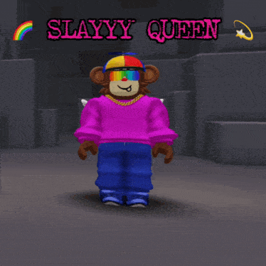 a monkey wearing a rainbow hat and a purple shirt with the words slayyy queen above it