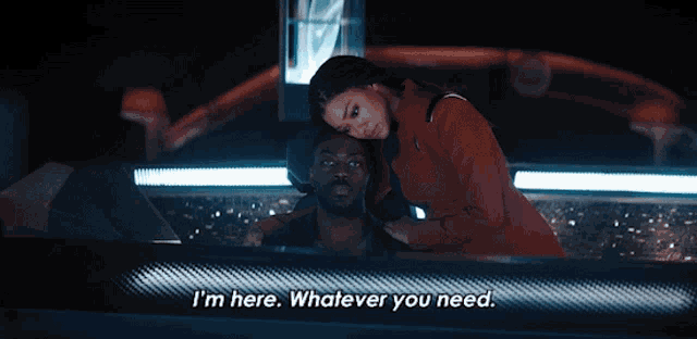 a woman hugging a man with the words i 'm here whatever you need