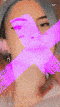a woman 's face is partially obscured by a purple stripe and the word copcual + is on the bottom