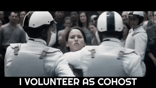 a group of police officers holding a woman in a crowd with the words i volunteer as cohost