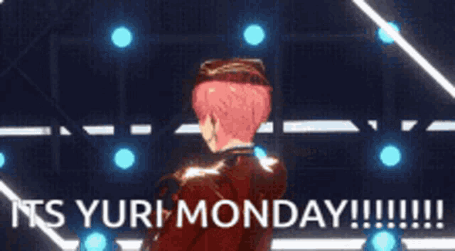a man in a red uniform is standing in front of a sign that says it 's yuri monday !