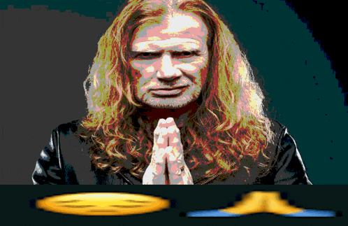 a painting of a man with long hair praying with a frisbee in the background