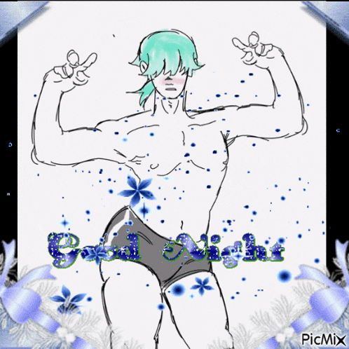 a drawing of a man in underwear with the words good night written on it