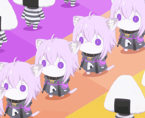 a group of cartoon characters with purple hair and a letter a on their shirts