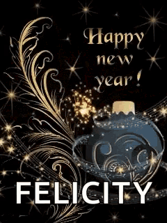 a happy new year greeting card with a perfume bottle on it