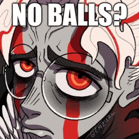 a drawing of a man with red eyes and the words no balls written on it