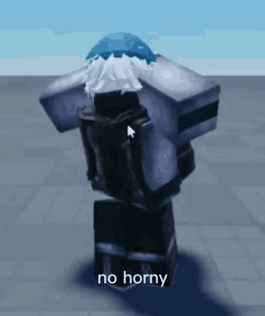 a cartoon character says no horny while standing on a tiled floor