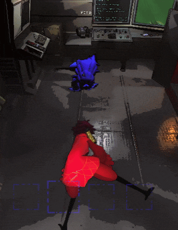 a video game screen shows a red fox laying on the floor in front of a monitor that says peyo
