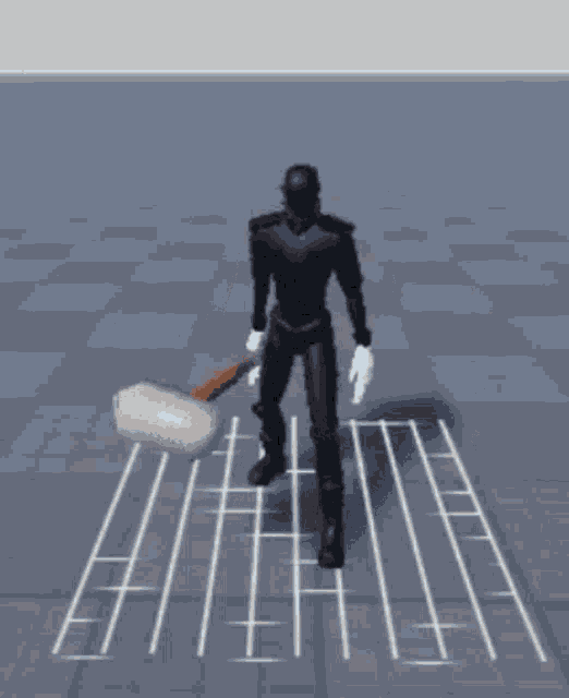 a man in a black suit is holding a large hammer in his right hand