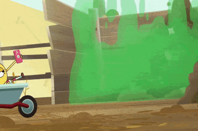 a cartoon character is pushing a wheelbarrow and holding a hammer
