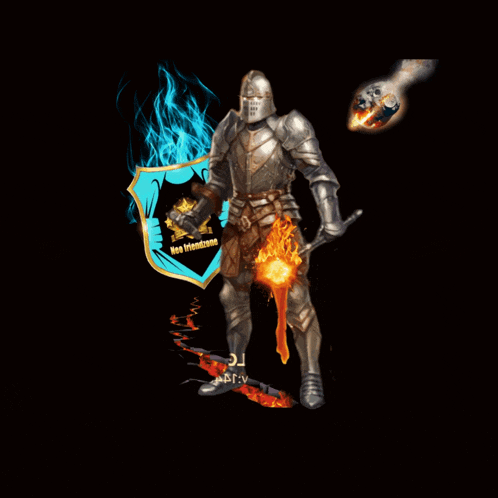 a knight holding a sword and shield with fireworks behind him and the words seraaaamngg !!! on the bottom
