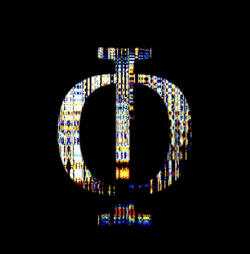 a white letter f on a black background with a striped pattern
