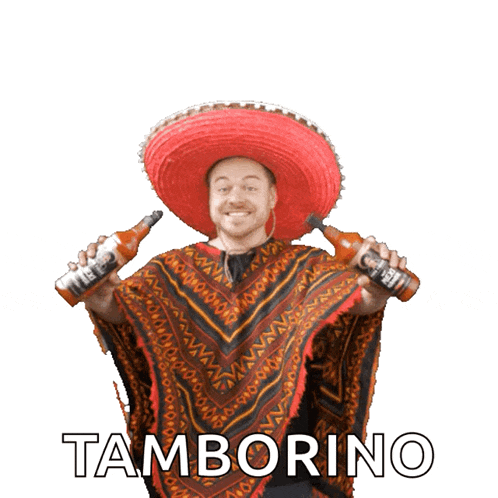 a man wearing a sombrero and a poncho is holding two bottles of tamborino
