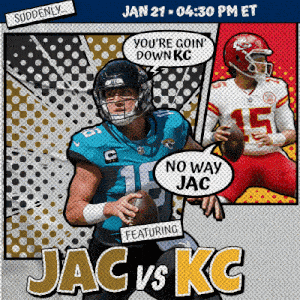 an advertisement for jac vs kc featuring jac and patrick mahomes