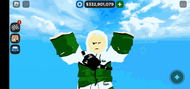 a screenshot of a roblox game shows a person holding a bag of money