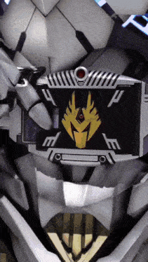 a close up of a robot with the letter f on it