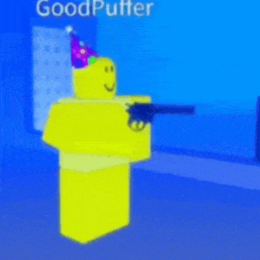 a yellow roblox character wearing a birthday hat and holding a gun .