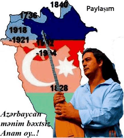a man is holding a guitar in front of a map that says azerbaijan