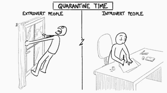 a cartoon of extroverts and introverts during quarantine .