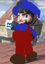 a cartoon character is wearing a blue hat and red overalls