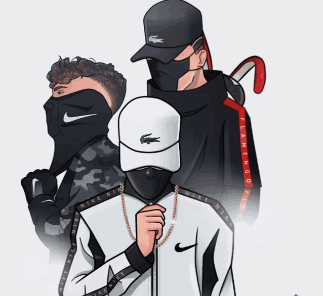 a cartoon of three men wearing nike clothing