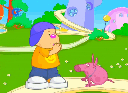 a cartoon of a boy and a pink dog