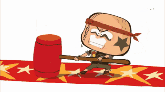 a cartoon character with a bandana on his head is holding a large hammer