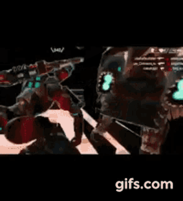 a group of robots are standing next to each other in a dark room with a gifs.com logo in the corner .