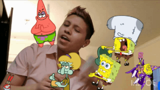 a man is surrounded by spongebob squarepants characters