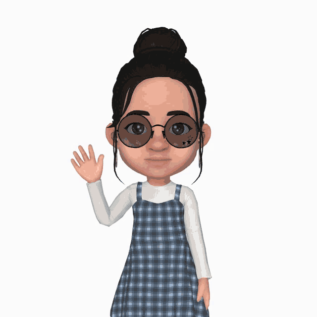 a cartoon girl wearing glasses and a blue plaid dress is waving her hand