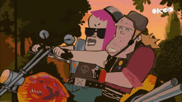 a cartoon of a man and a woman riding a motorcycle with the letters ok on the bottom