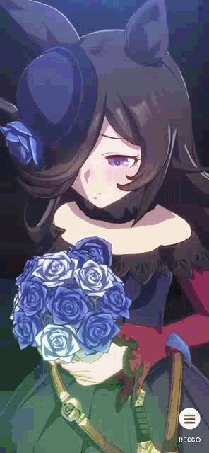 a girl is holding a bouquet of blue roses .