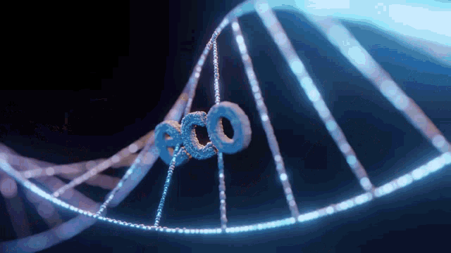 a 3d rendering of a dna molecule with the word eco hanging from it