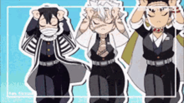 three anime characters are standing next to each other with their hands on their heads